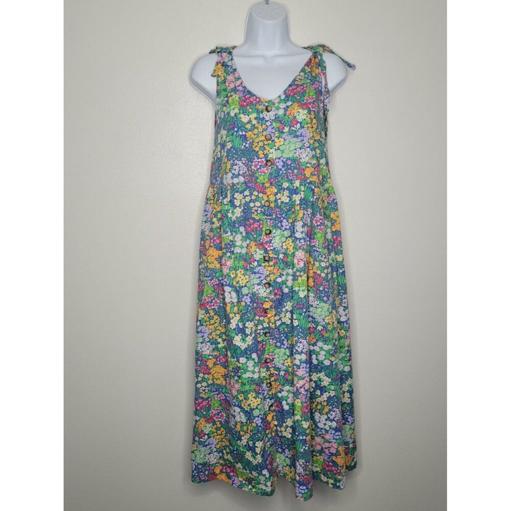 Bright floral garden midi cute button front cottage summer dress size M FLAWS